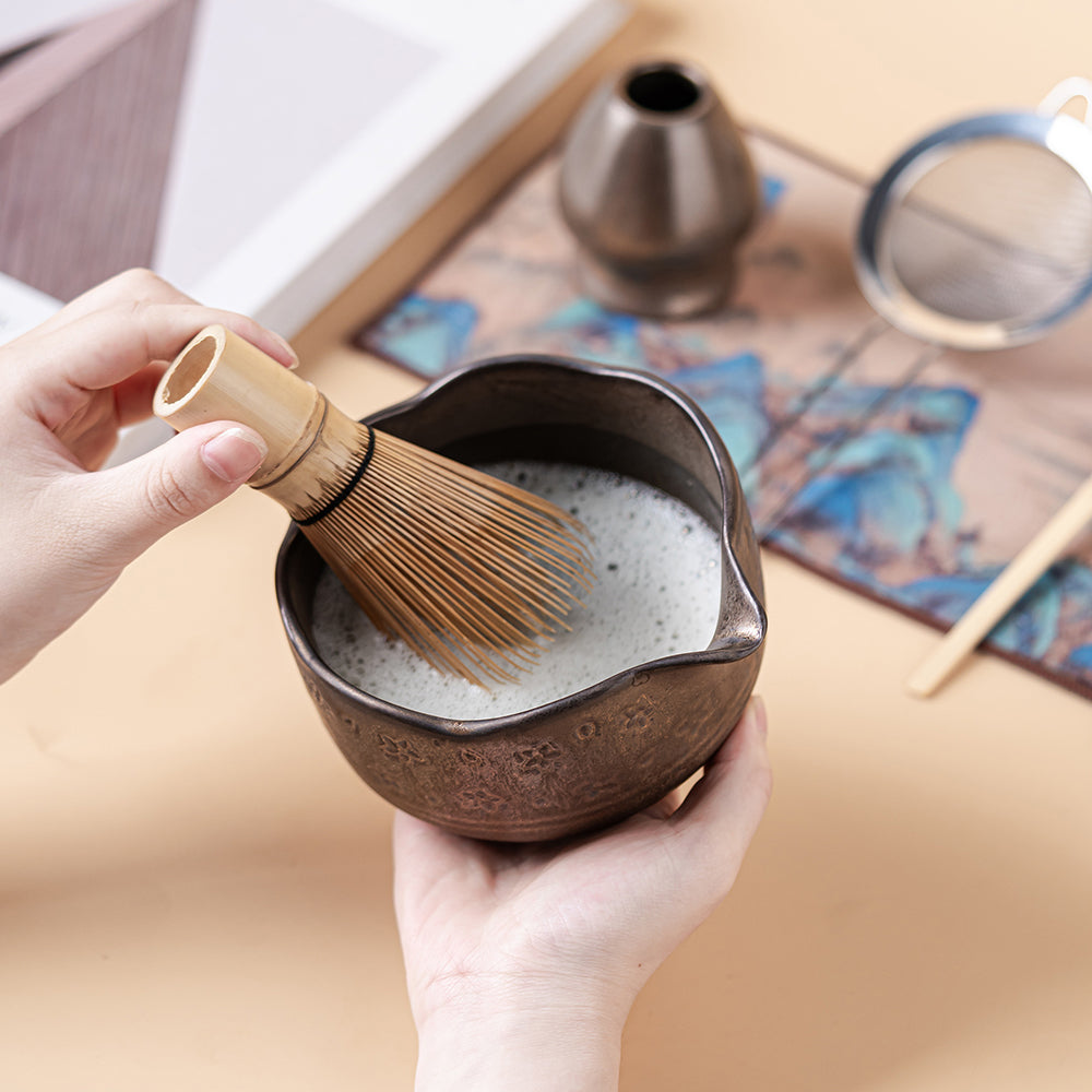 Japanese Flower Matcha Tea Set with Coarse Pottery and Bamboo Whisk