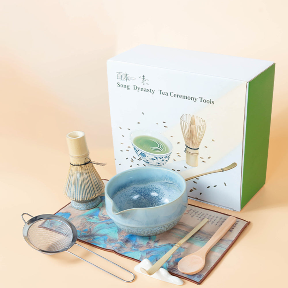 Japanese Blue Ceramic Matcha Tea Set with Bamboo Whisk