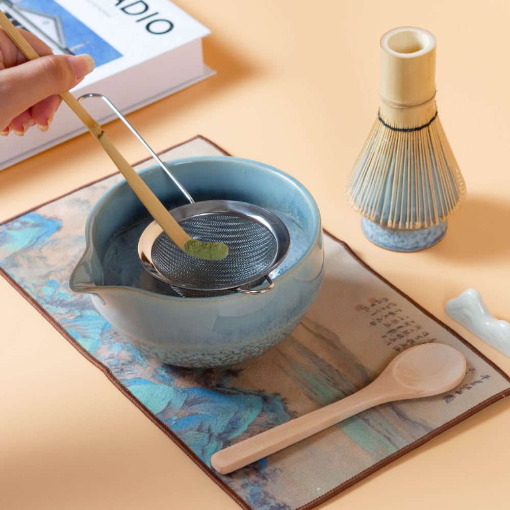 Japanese Blue Ceramic Matcha Tea Set with Bamboo Whisk