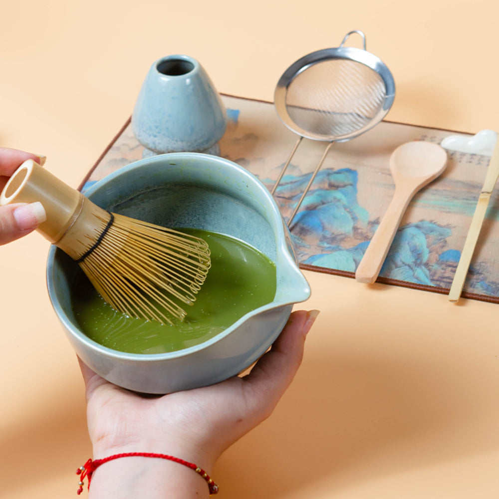 Japanese Blue Ceramic Matcha Tea Set with Bamboo Whisk