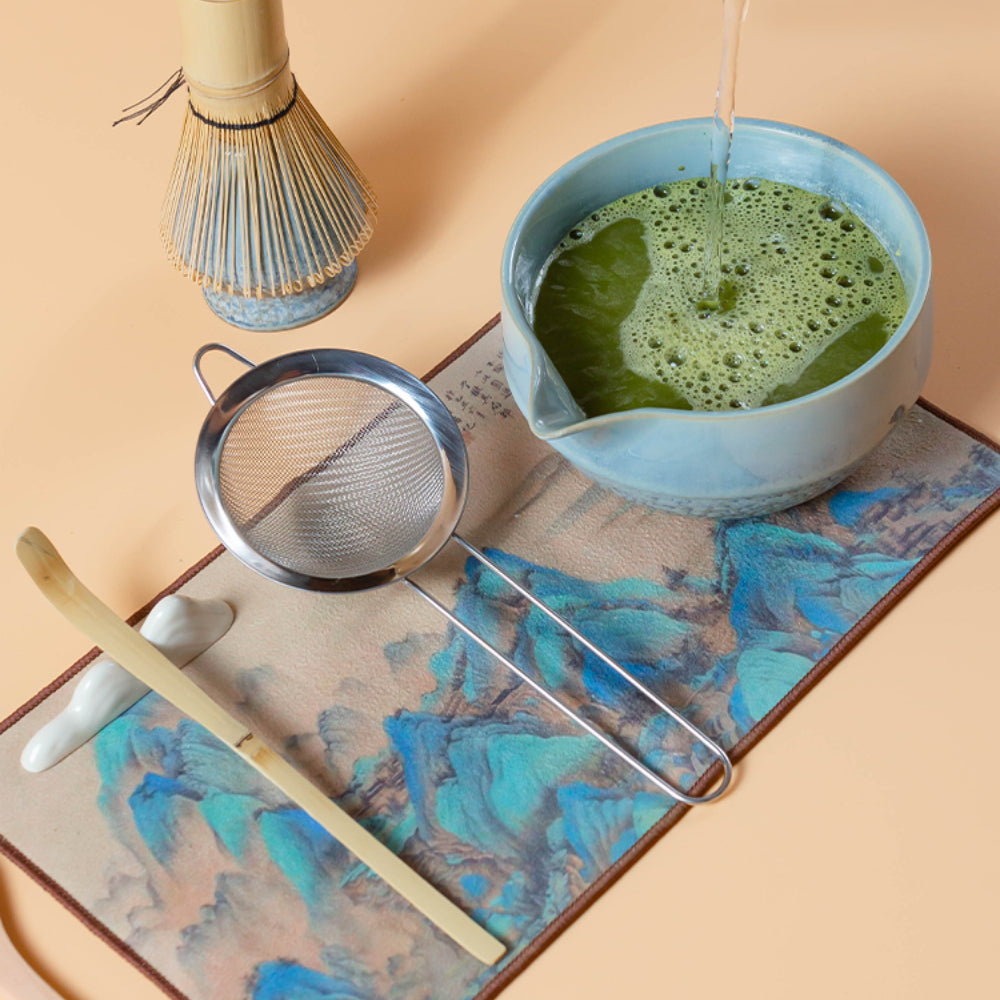 Japanese Blue Ceramic Matcha Tea Set with Bamboo Whisk