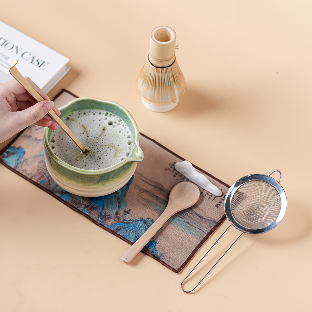 Japanese Ceramic Matcha Tea Set with Kiln-Change Green Glaze