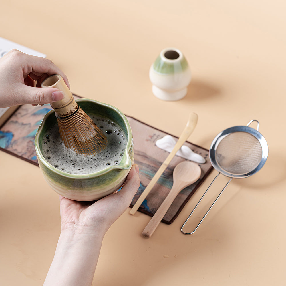 Japanese Ceramic Matcha Tea Set with Kiln-Change Green Glaze
