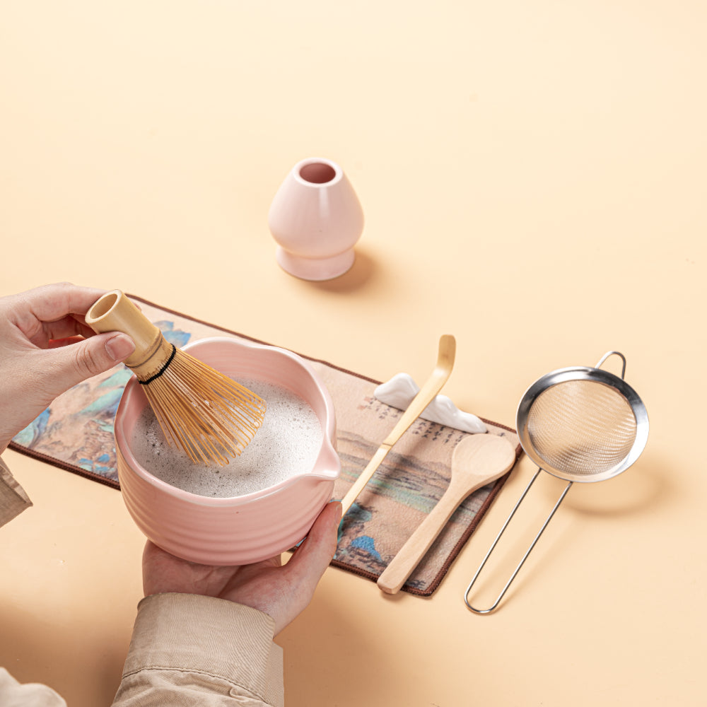 Pink Matcha Green Tea Set with Ceramic Bowl and Bamboo Whisk