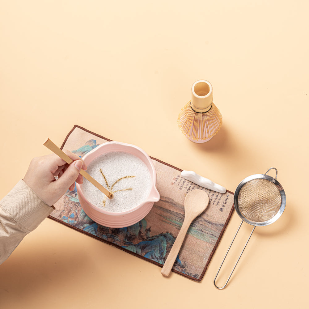 Pink Matcha Green Tea Set with Ceramic Bowl and Bamboo Whisk