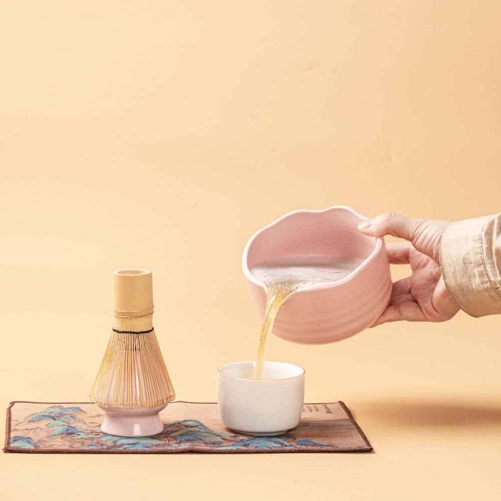 Pink Matcha Green Tea Set with Ceramic Bowl and Bamboo Whisk