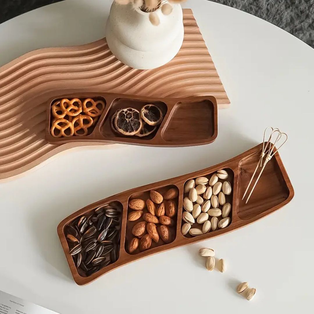 Natural Wood Appetizer Serving Tray with 3 or 4 Compartments