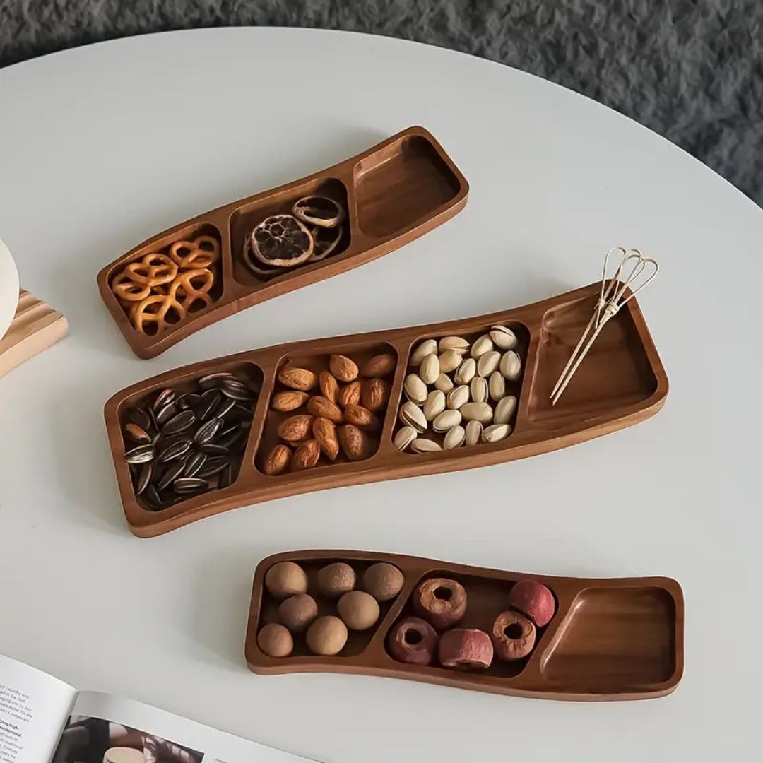 Natural Wood Appetizer Serving Tray with 3 or 4 Compartments