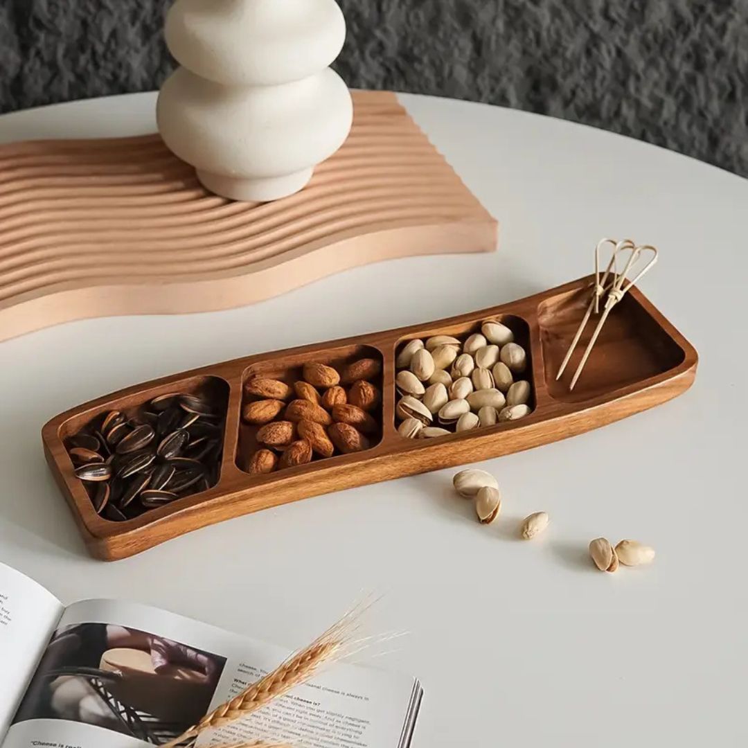 Natural Wood Appetizer Serving Tray with 3 or 4 Compartments