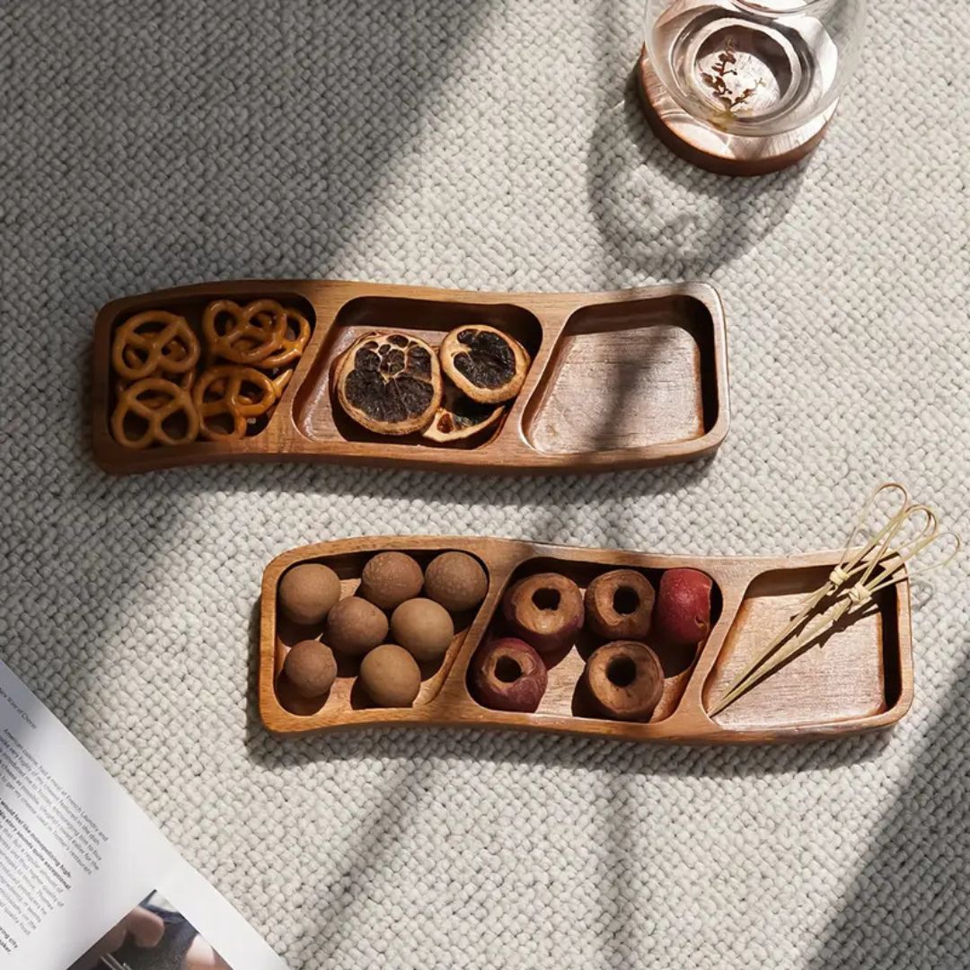 Natural Wood Appetizer Serving Tray with 3 or 4 Compartments
