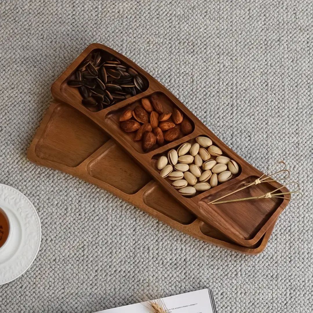 Natural Wood Appetizer Serving Tray with 3 or 4 Compartments