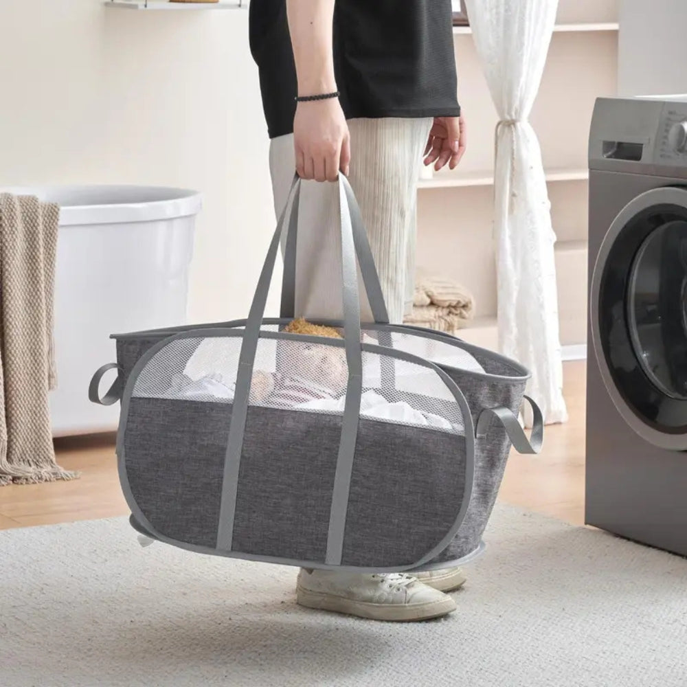 Collapsible Mesh Laundry Basket with Reinforced Handles