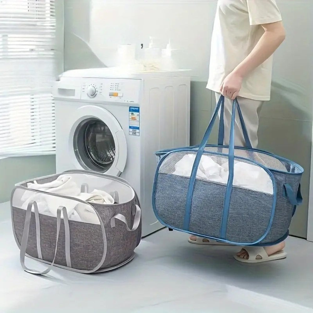 Collapsible Mesh Laundry Basket with Reinforced Handles
