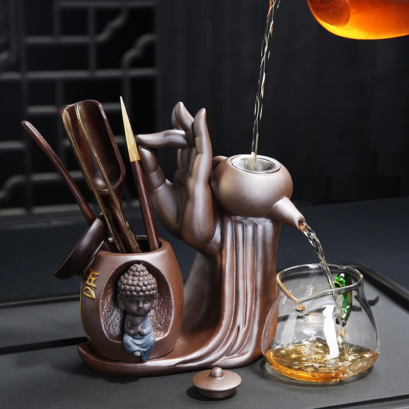 Ebony Tea Ceremony Set for Six with Purple Clay Teapot and Monk Ornament