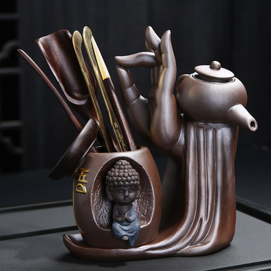 Ebony Tea Ceremony Set for Six with Purple Clay Teapot and Monk Decoration