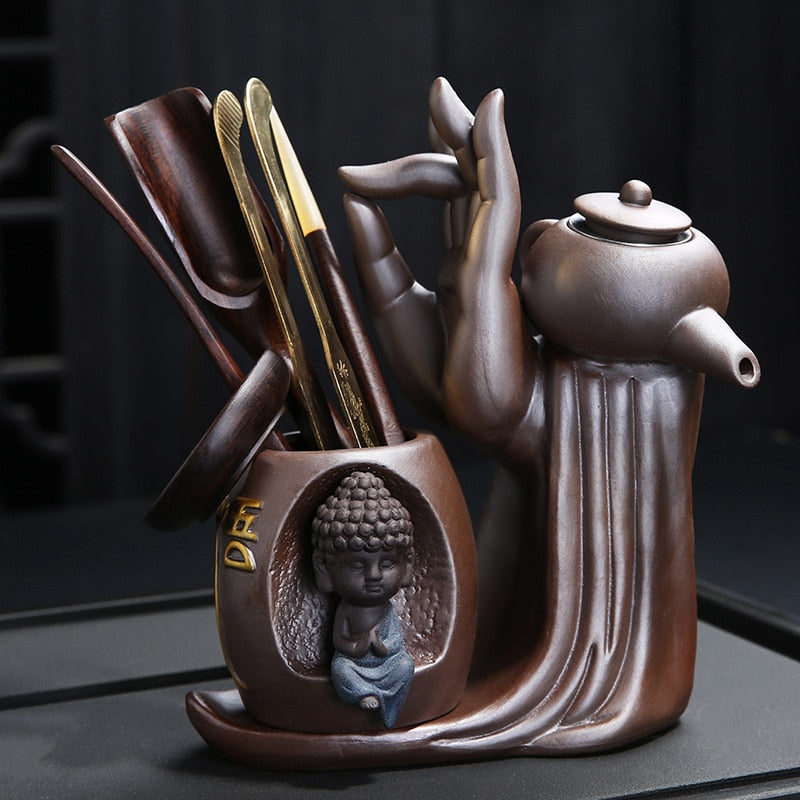 Ebony Tea Ceremony Set for Six with Purple Clay Teapot and Monk Ornament