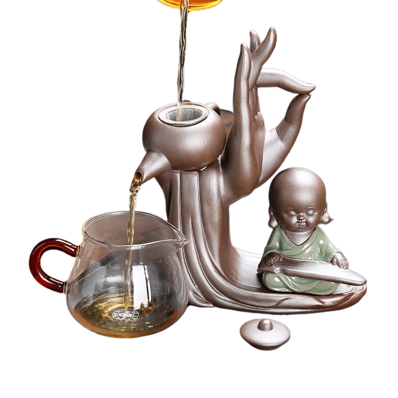 Ebony Tea Ceremony Set for Six with Purple Clay Teapot and Monk Decoration