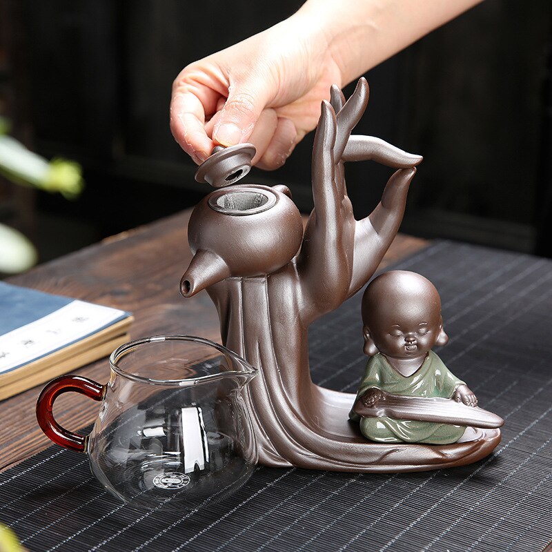 Ebony Tea Ceremony Set for Six with Purple Clay Teapot and Monk Decoration