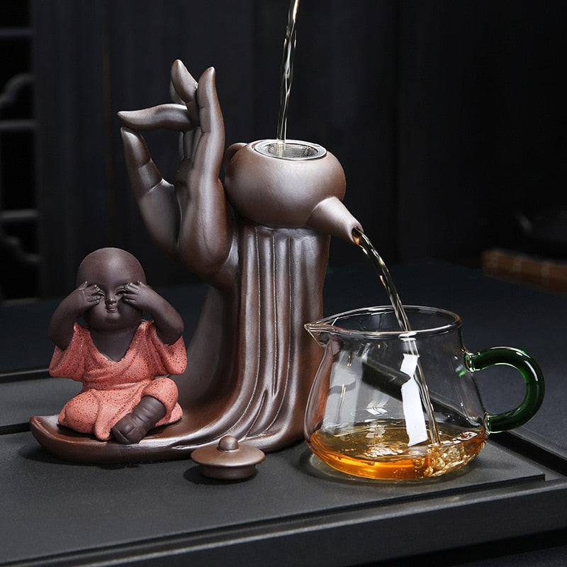 Ebony Tea Ceremony Set for Six with Purple Clay Teapot and Monk Ornament