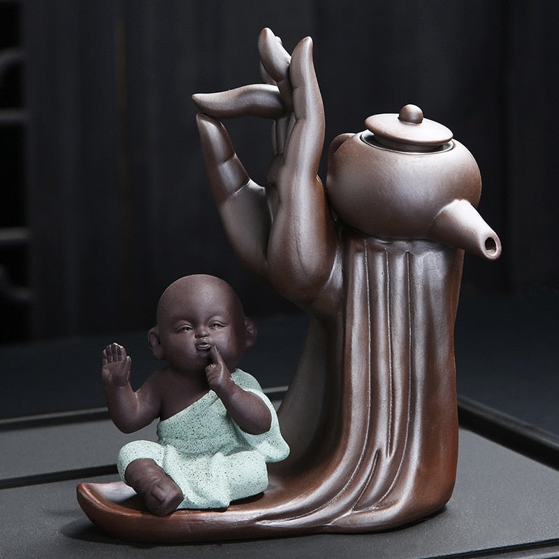 Ebony Tea Ceremony Set for Six with Purple Clay Teapot and Monk Ornament