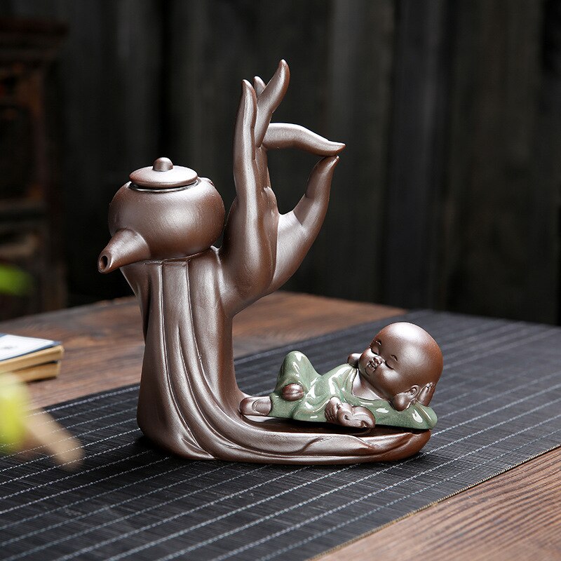 Ebony Tea Ceremony Set for Six with Purple Clay Teapot and Monk Ornament