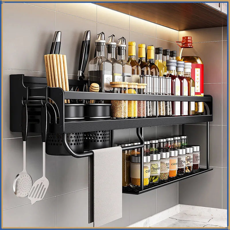 Stainless Steel Wall-Mounted Kitchen Shelf with Hooks and Knife Holder