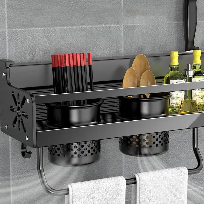 Stainless Steel Wall-Mounted Kitchen Shelf with Hooks and Knife Holder
