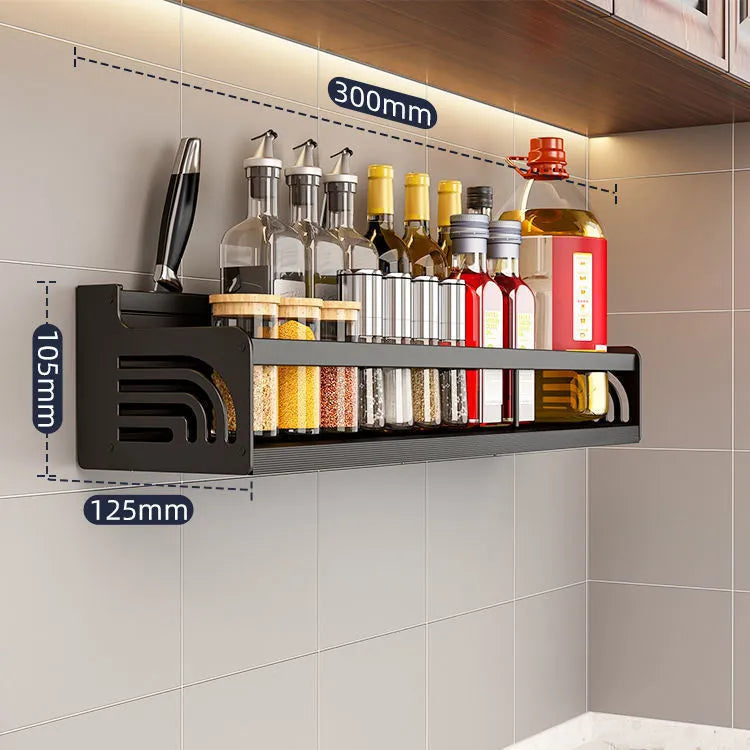 Stainless Steel Wall-Mounted Kitchen Shelf with Hooks and Knife Holder