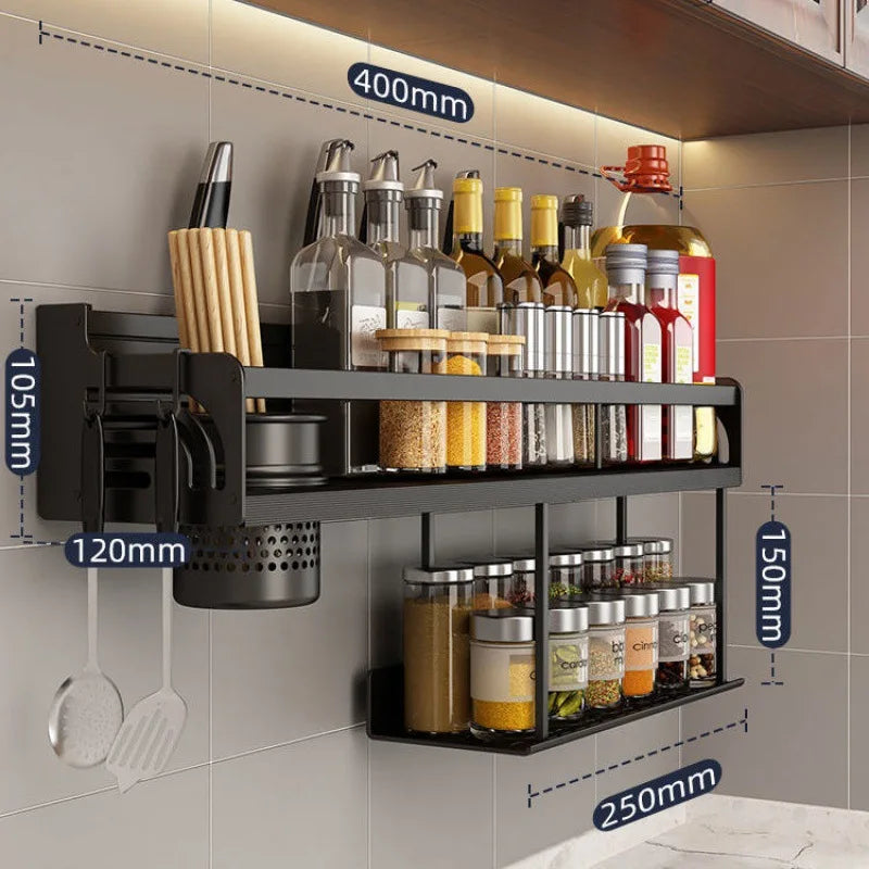 Stainless Steel Wall-Mounted Kitchen Shelf with Hooks and Knife Holder