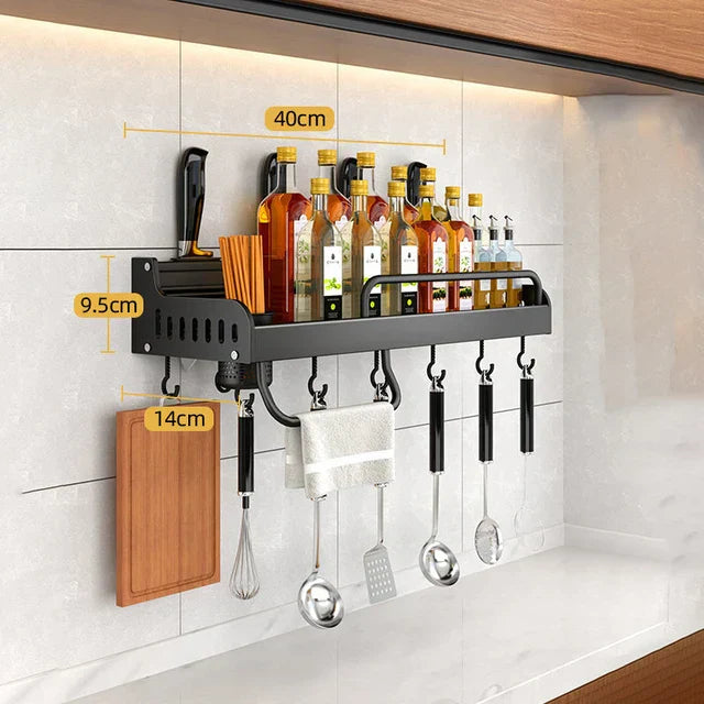Stainless Steel Wall-Mounted Kitchen Shelf with Hooks and Knife Holder