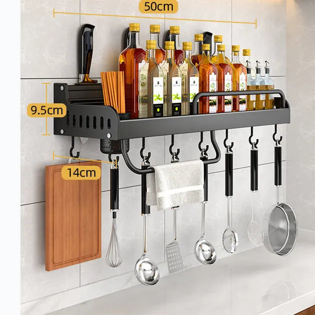 Stainless Steel Wall-Mounted Kitchen Shelf with Hooks and Knife Holder