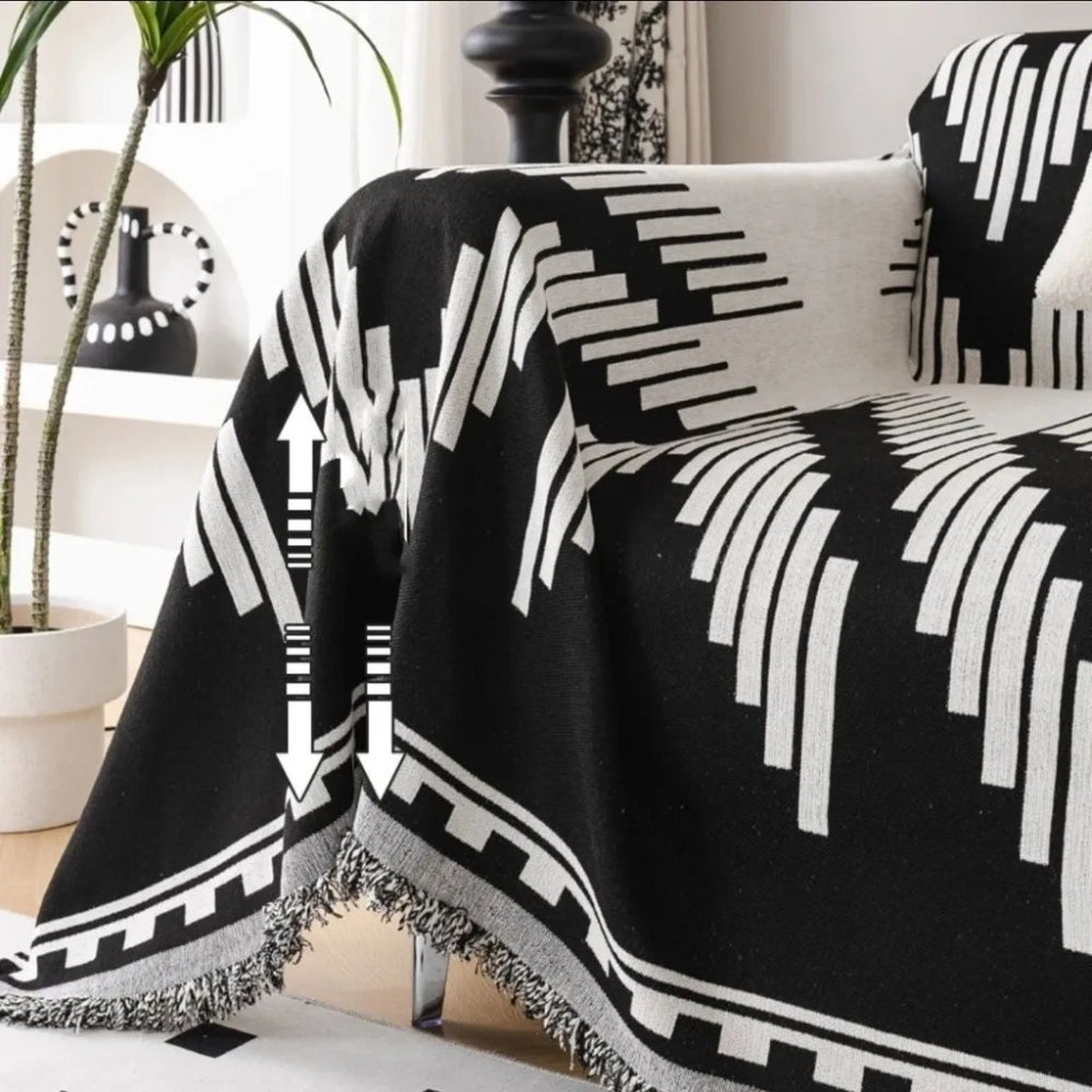 Black and White Geometric Chenille Sofa Cover Protector