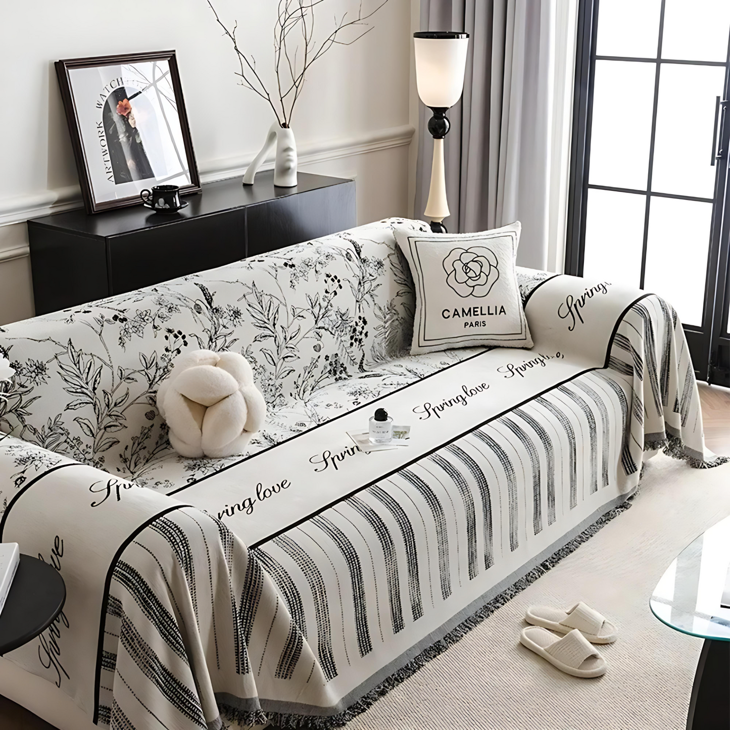Black and White Geometric Chenille Sofa Cover Protector