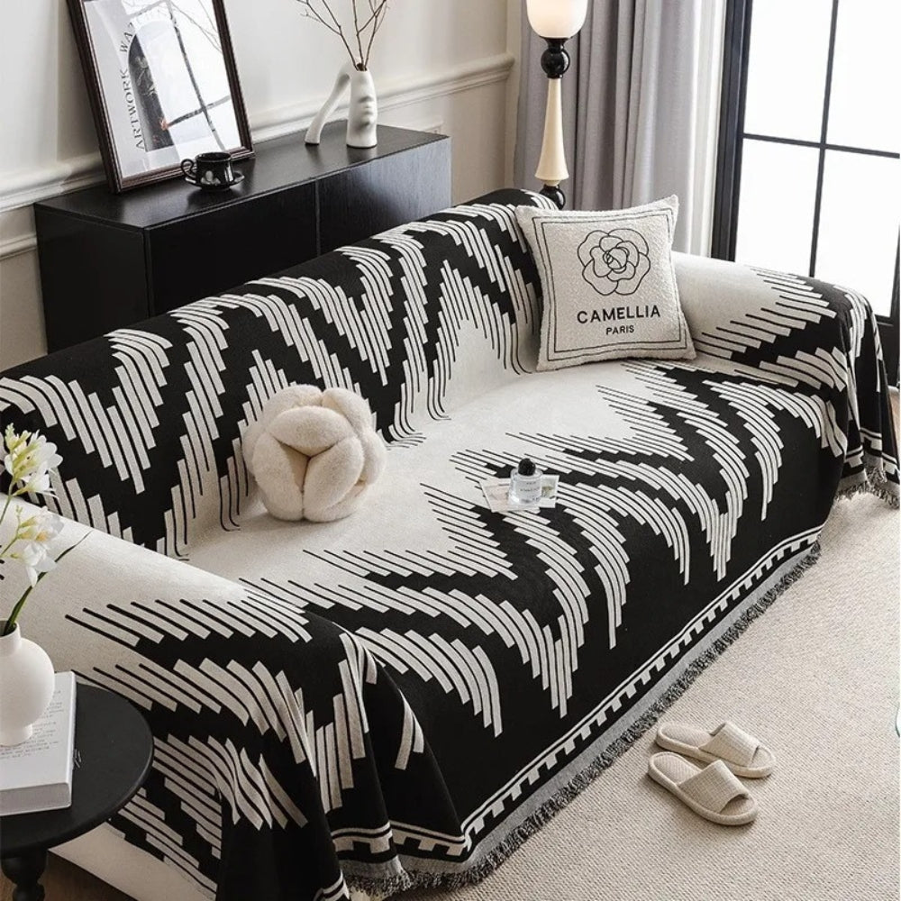 Black and White Geometric Chenille Sofa Cover Protector