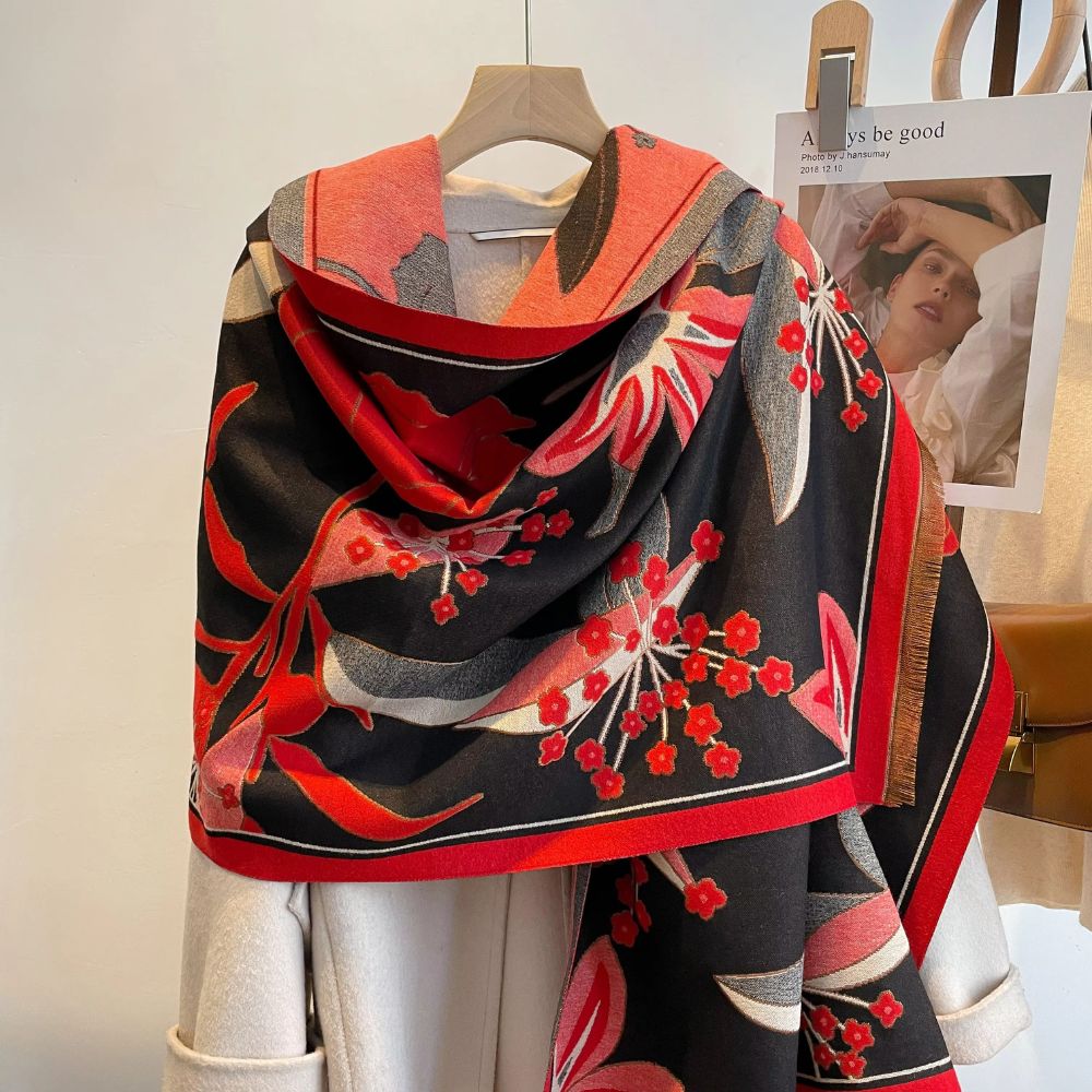 Floral Jacquard Woven Scarf with Fringed Edges