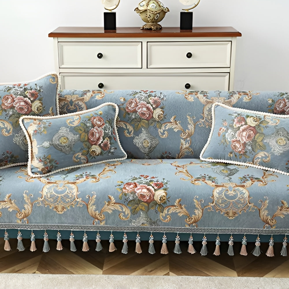 Chenille Floral Cushion Cover with Beaded Edge