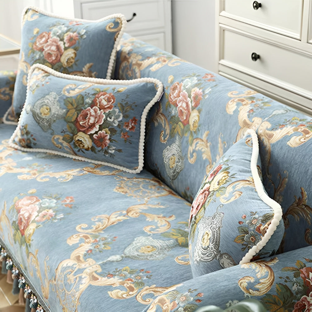 Chenille Floral Cushion Cover with Beaded Edge
