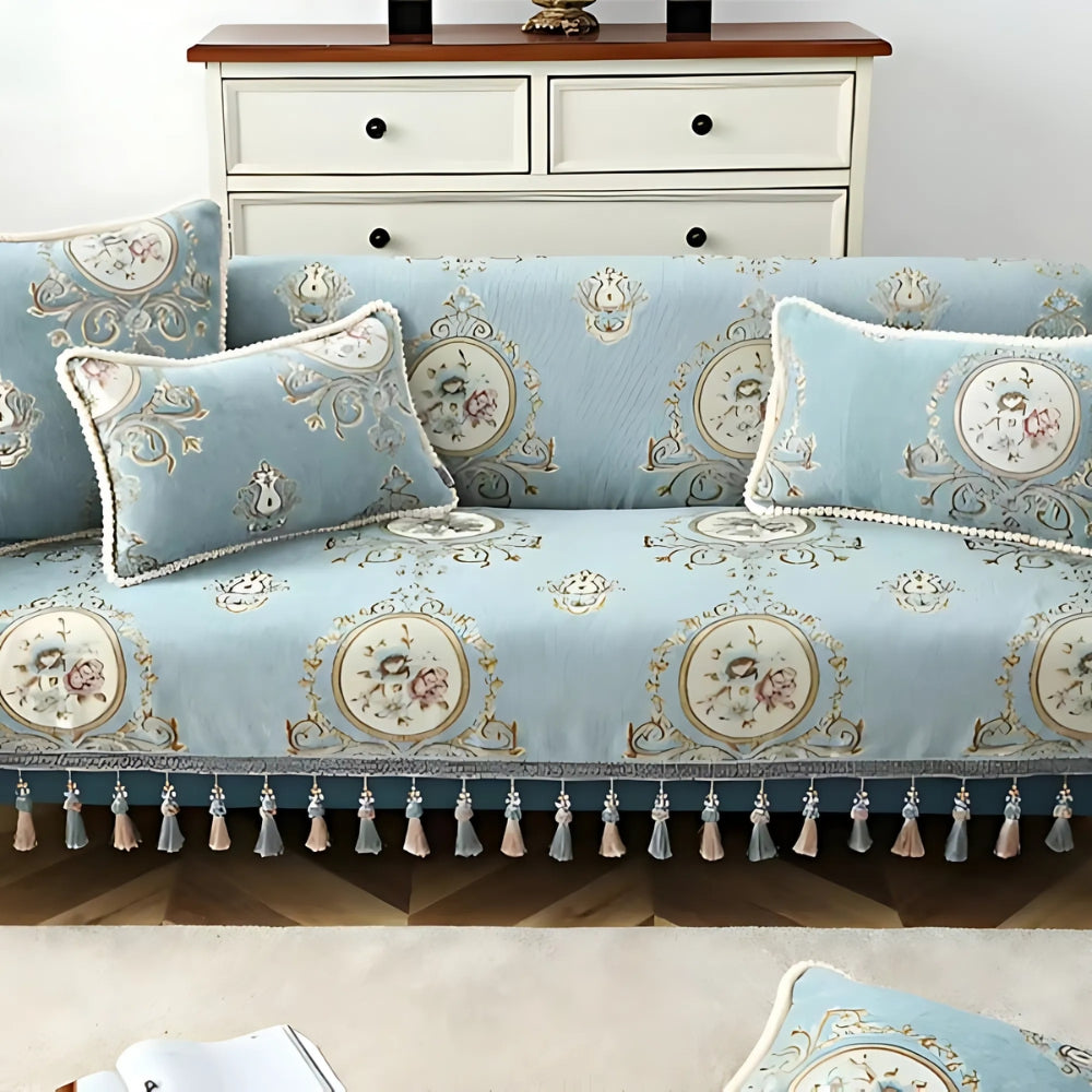 Chenille Floral Cushion Cover with Beaded Edge