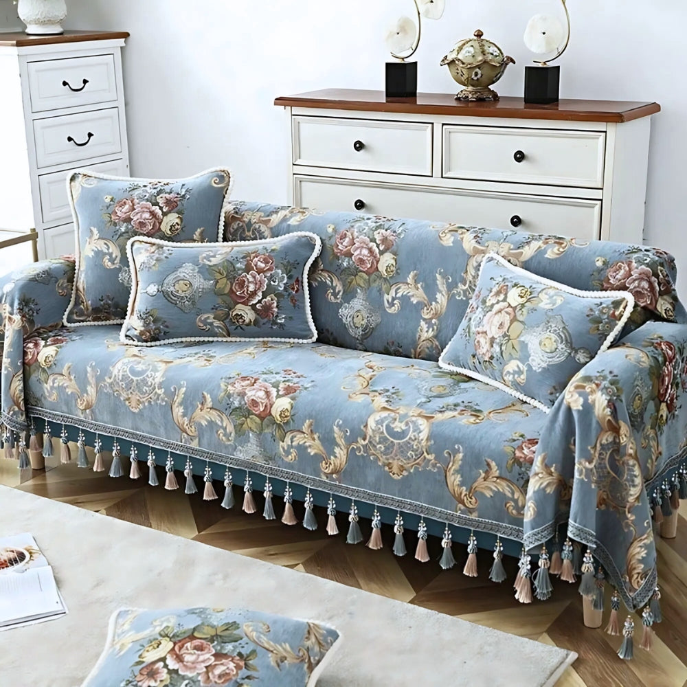Chenille Floral Cushion Cover with Beaded Edge