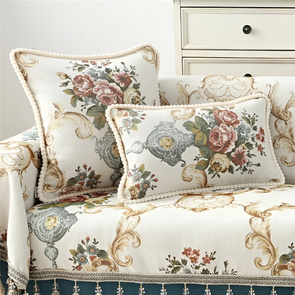 Chenille Floral Cushion Cover with Beaded Edge