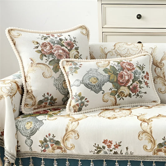 Chenille Floral Cushion Cover with Beaded Edge