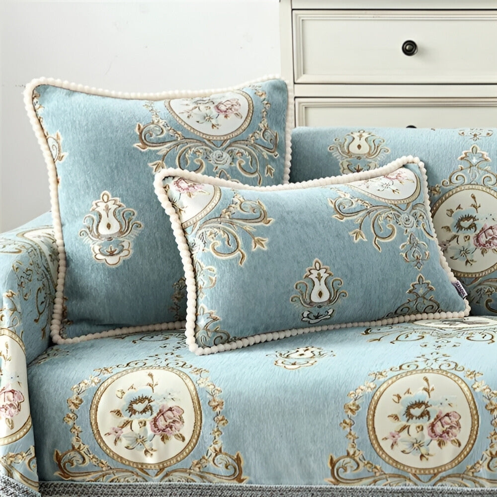Chenille Floral Cushion Cover with Beaded Edge