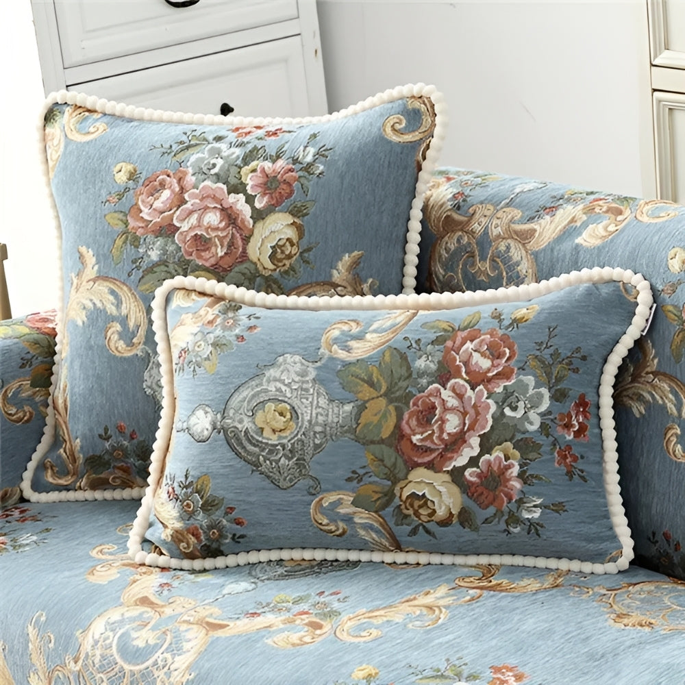 Chenille Floral Cushion Cover with Beaded Edge