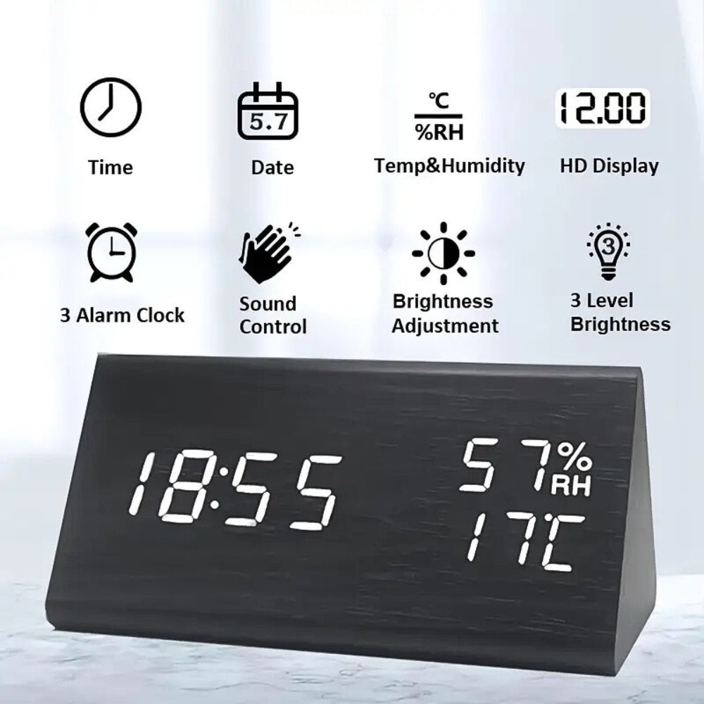 Wooden Triangle LED Alarm Clock with Temperature and Humidity Display