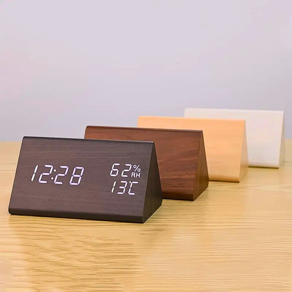 Wooden Triangle LED Alarm Clock with Temperature and Humidity Display