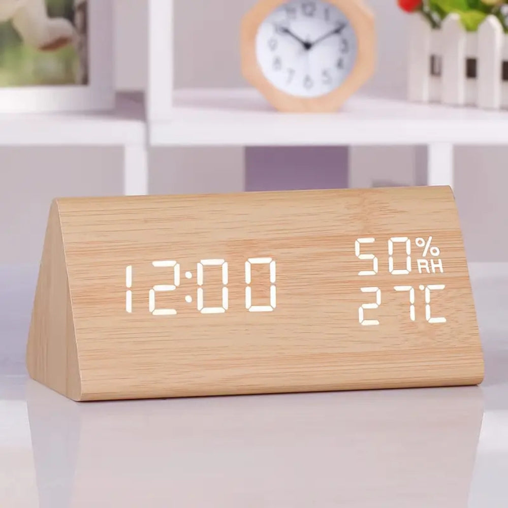 Wooden Triangle LED Alarm Clock with Temperature and Humidity Display