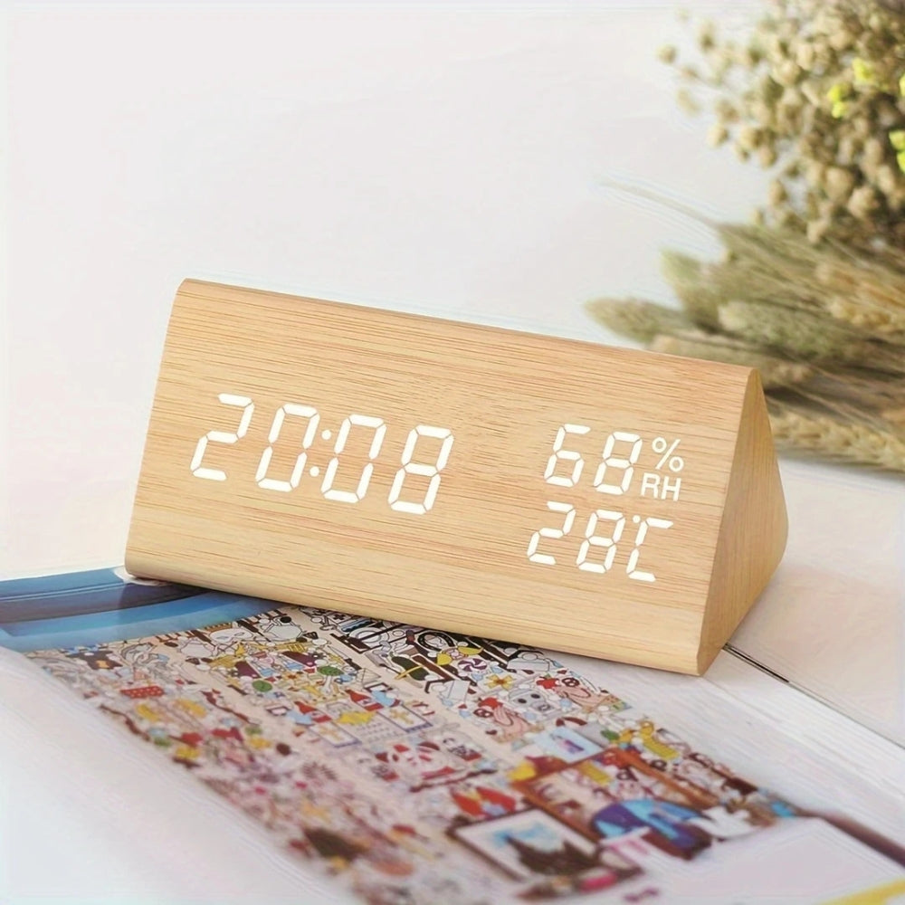 Wooden Triangle LED Alarm Clock with Temperature and Humidity Display