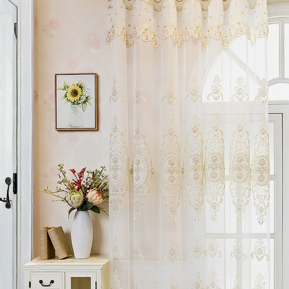 Sheer Lace Curtain with Grommet Top and Embroidery