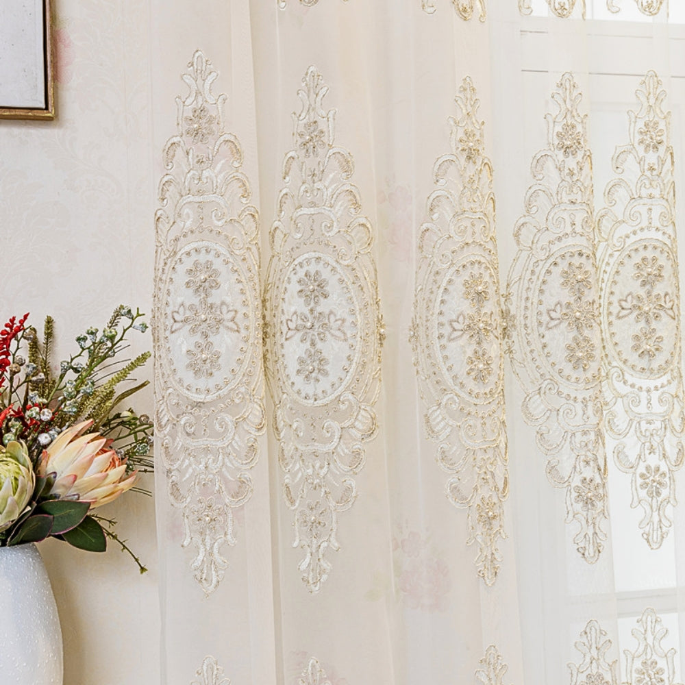Sheer Lace Curtain with Grommet Top and Embroidery