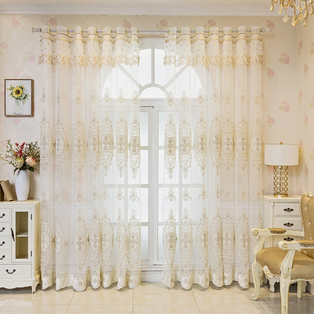 Sheer Lace Curtain with Grommet Top and Embroidery